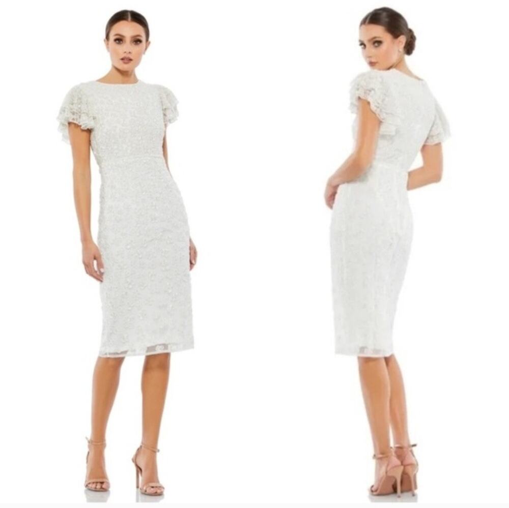 Mac Duggal 10827 Floral Beaded Jewel Neckline Ruffle Midi Dress White Size 2